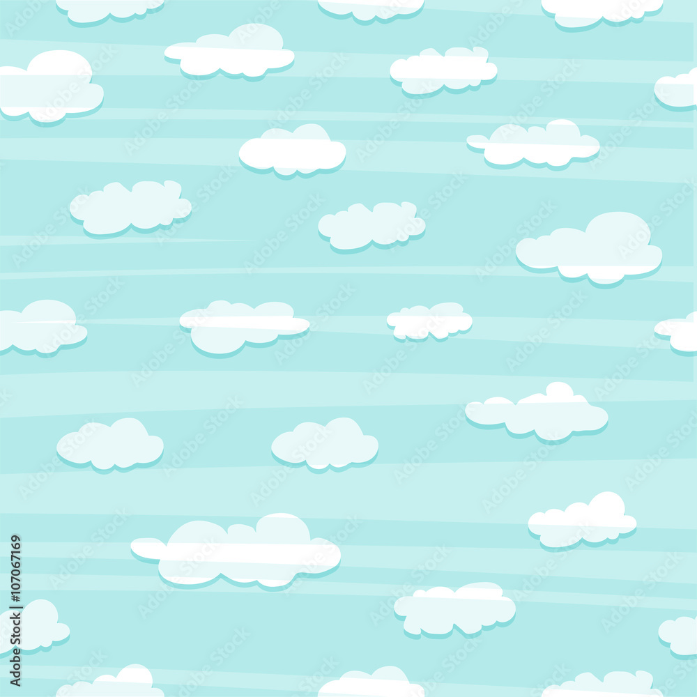 Wallpaper with a simple pattern of the clouds. White clouds in the blue sky. Wallpapers with clouds for a child's room in a cartoon style. Background with clouds for posters, invitations, brochures. 