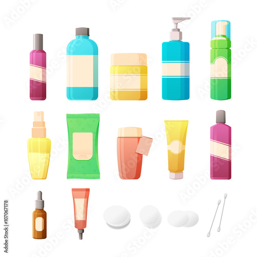 Cosmetics Set in flat style. Bottles of cosmetics and accessories for skin care. Lotions, creams, tonics and pads for care of a woman's face. Vector.