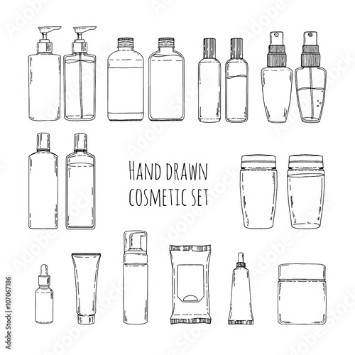Set of hand drawn of cosmetics for skin care. Doodles of cosmetic bottles and cosmetic package. Set of cosmetic bottles for shampoo, creams, tonic. Vector