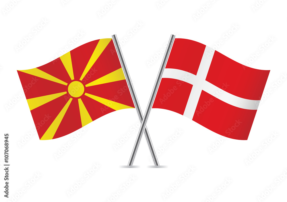 Macedonian and Danish flags. Vector illustration.