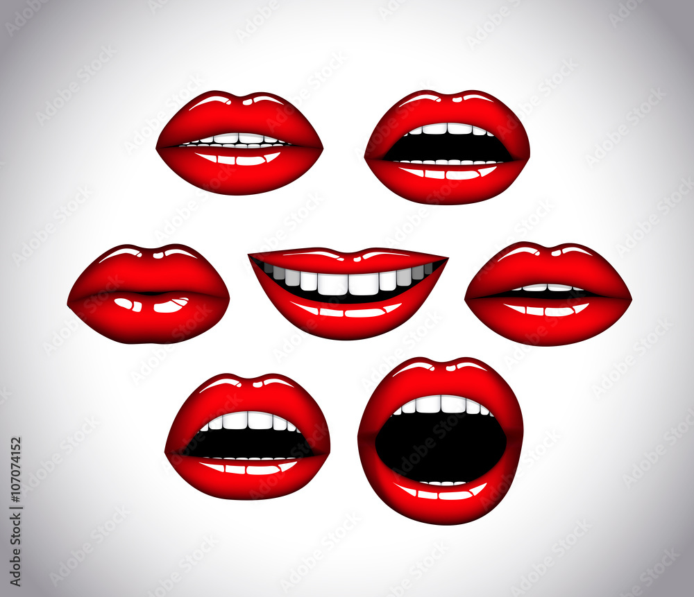 Woman's lip close up set. Girl mouths gestures. Red lipstick.