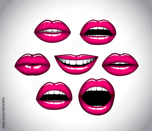 Woman's lip close up set. Girl mouths gestures. Pink lipstick.