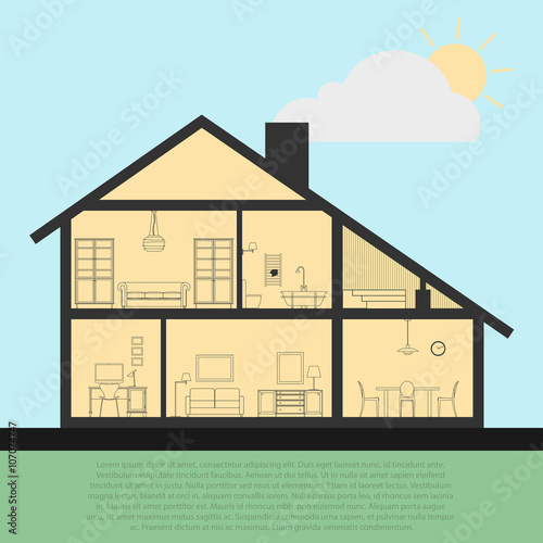 Vector house interior in cut. Detailed plan cross-sectional view room and bath, kitchen. Flat style vector illustration