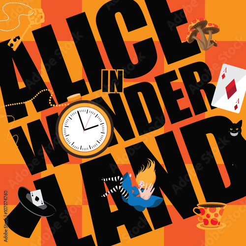 Alice in Wonderland Title with playing cards, pocket watch, hat, key,magic mushrooms. EPS 10 vector.