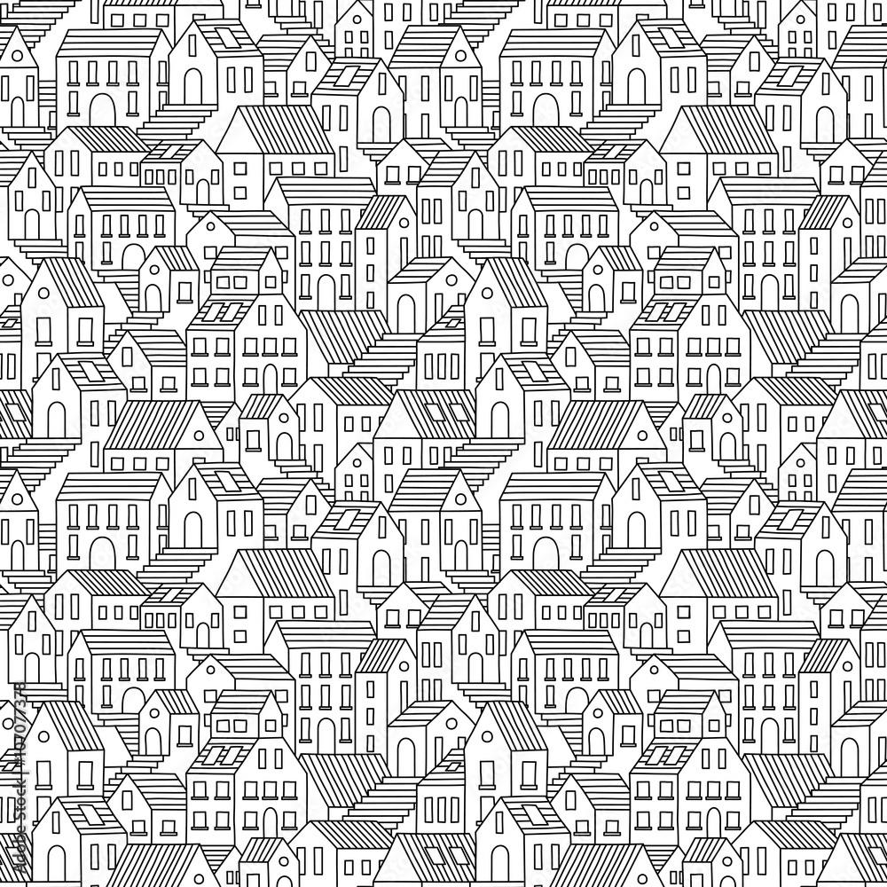 Hand drawn seamless pattern with town houses. Vector background in black and white.