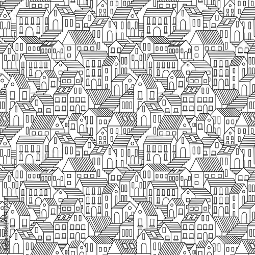 Night city wallpaper - Wall mural Hand drawn seamless pattern with town houses. Vector background in black and white.