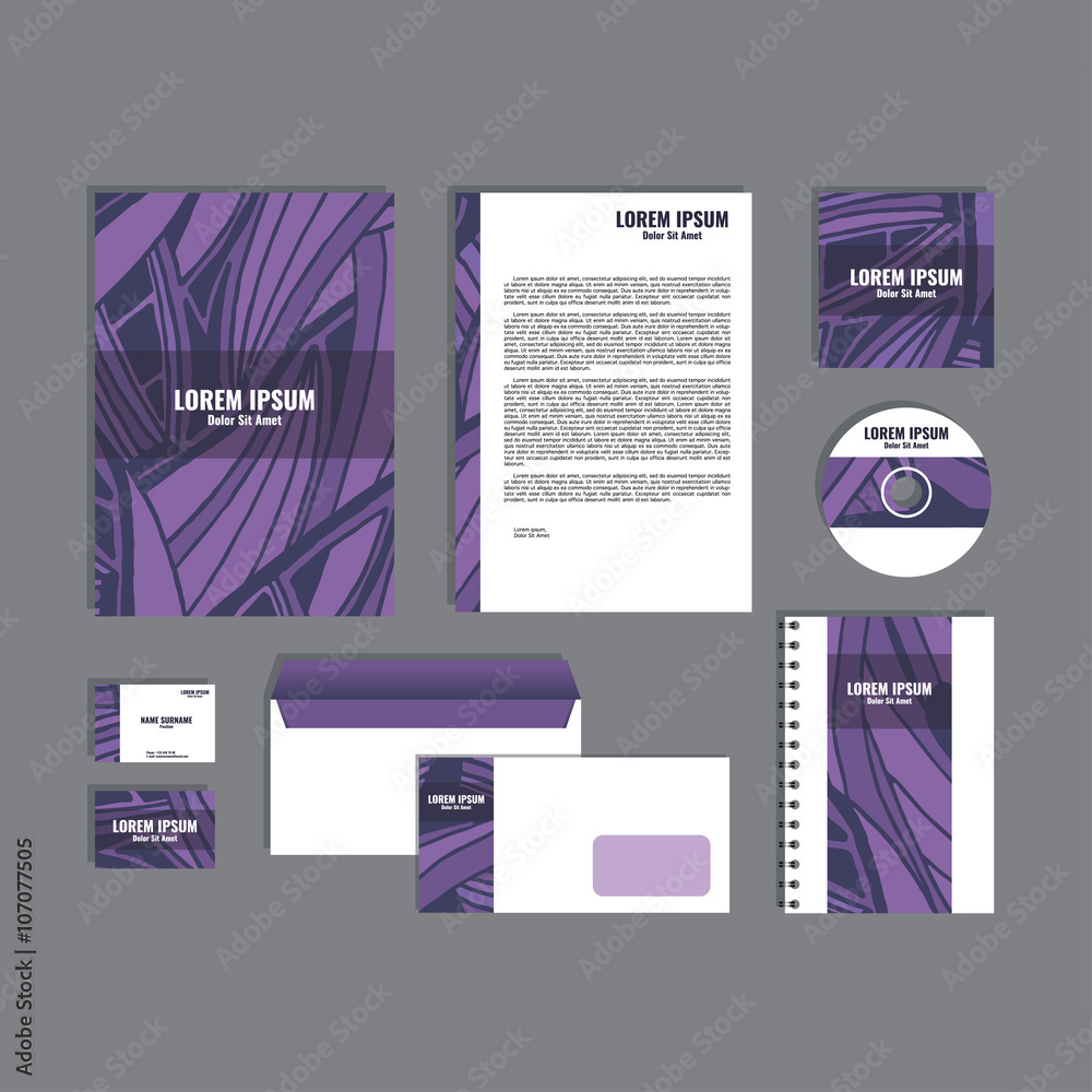 Corporate identity template with hand drawn purple exotic tropical leaf pattern, creative stationery branding mock-up set of separated, movable objects. EPS 10.