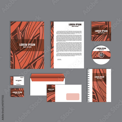 Corporate identity template with hand drawn red exotic tropical leaf pattern, creative stationery branding mock-up set of separated, movable objects. EPS 10.