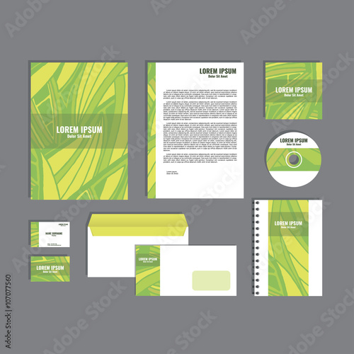 Corporate identity template with hand drawn yellow and green exotic tropical leaf pattern, creative stationery branding mock-up set of separated, movable objects. EPS 10.