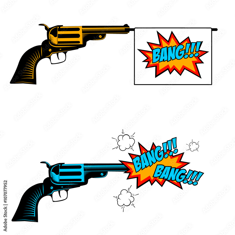Pop Roll Revolver Bang bang. Toy revolver with flag. Pop art style revolver. Stock Vector ...