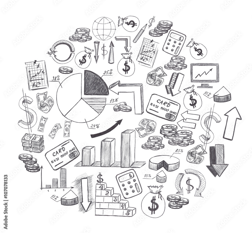 Sketch of hand drawn business plan elements shaped circle isolated on white background Sketch of hand drawn business plan elements shaped circle isolated on white background