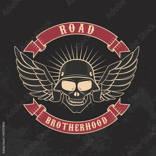 Road brotherhood. Skull in motorcycle helmet and goggles.