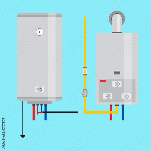 Set of gas water heater and electric water heater. Flat icon for