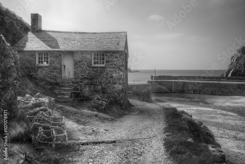 Black and white landscape image of traditional English old fishi photo