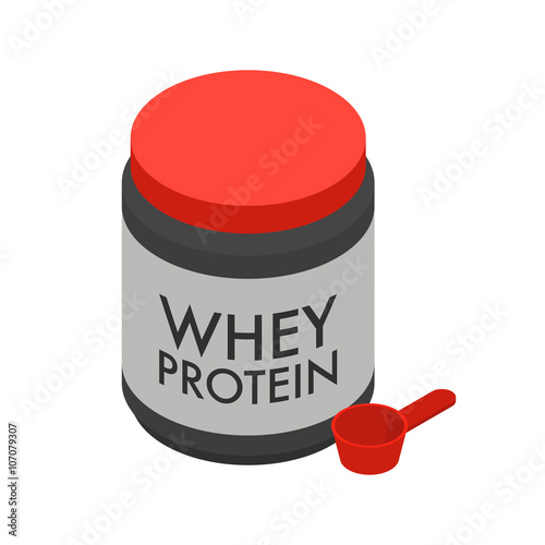 Whey protein isolate in big jar and scoop, sport nutrition for bodybuilders isolated on white background, vector illustration.