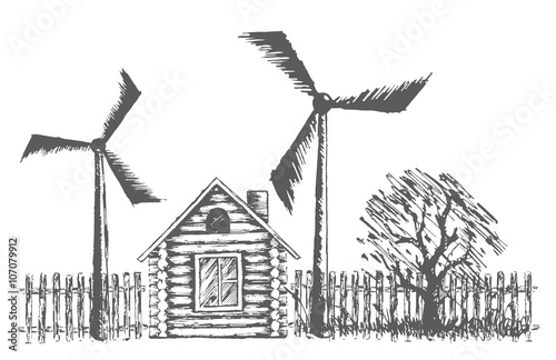 Drawing of wooden house with wind power plants. 