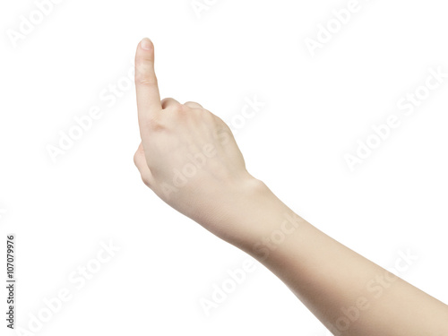 young woman hand touch screen gesture isolated on white background