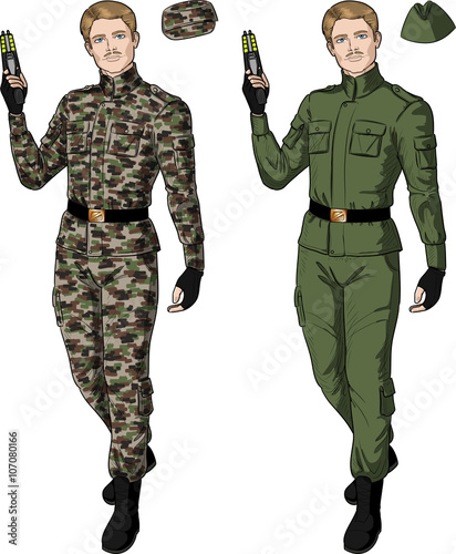 Caucasian male in green khaki holds taser