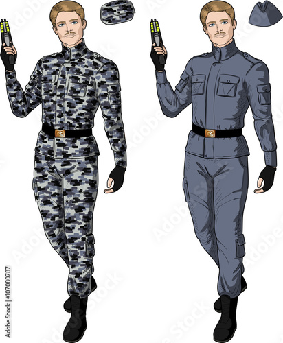 Caucasian male in gray khaki holds taser