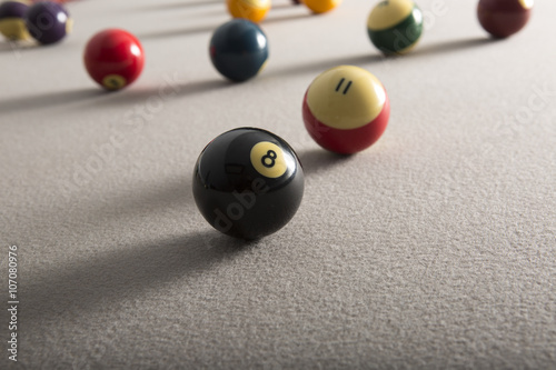 Принти на полотні Pool table and balls scattered