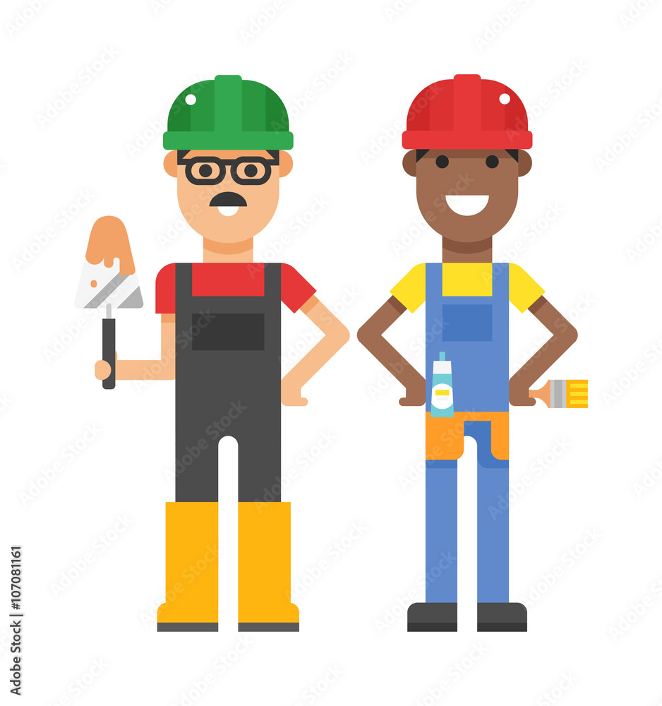 Set of professional engineering workers people building team in helmets builders flat vector illustration. Set of professional engineering workers people building team in helmets builders flat vector illustration.
