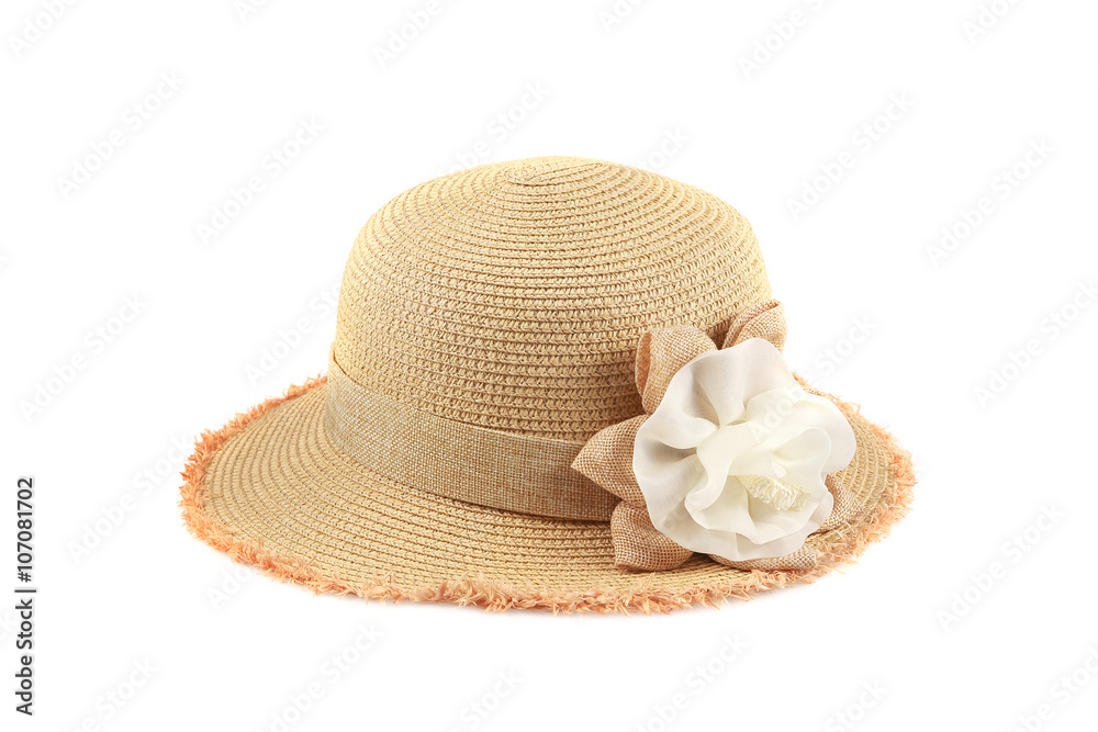 Pretty straw hat with flower on white background