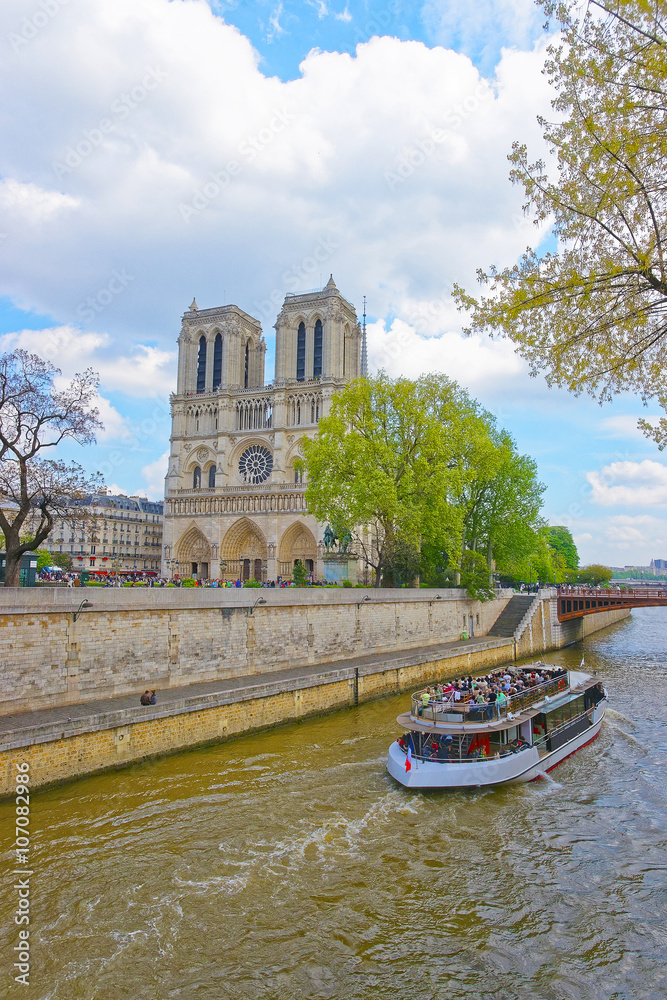 Notre Dame de Paris Cathedral and Seine River in France