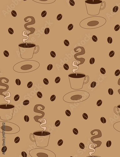 paper graphic picture of a steaming dark coffee in the cup and saucer  black roast coffee beans on background seamless vector print pattern illustration