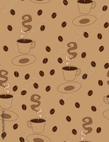 paper graphic picture of a steaming dark coffee in the cup and saucer, black roast coffee beans on background seamless vector print pattern illustration