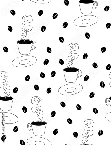 black and white graphic picture of a steaming dark coffee in the cup and saucer, black roast coffee beans on background seamless vector print pattern illustration
