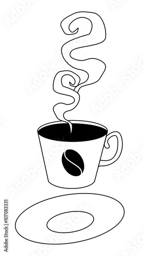 black and white graphic image of steaming black dark coffee in cup with saucer isolated vector illustration