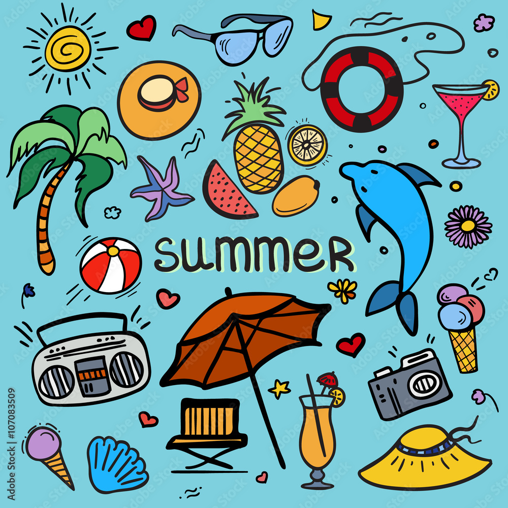 Colorful vector hand drawn Doodle cartoon set of objects and symbols for summer holidays. Vector illustration for web, mobile and print.