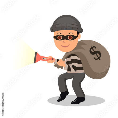 Cartoon character burglar in a mask with the stolen bag. Male in a mask with a bag and a torch sneaks on tiptoe