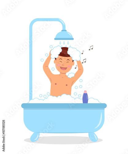 Boy taking a bath with soap bubbles. Concept design of a singing male taking a bath. Isolated vector illustration in a flat style.