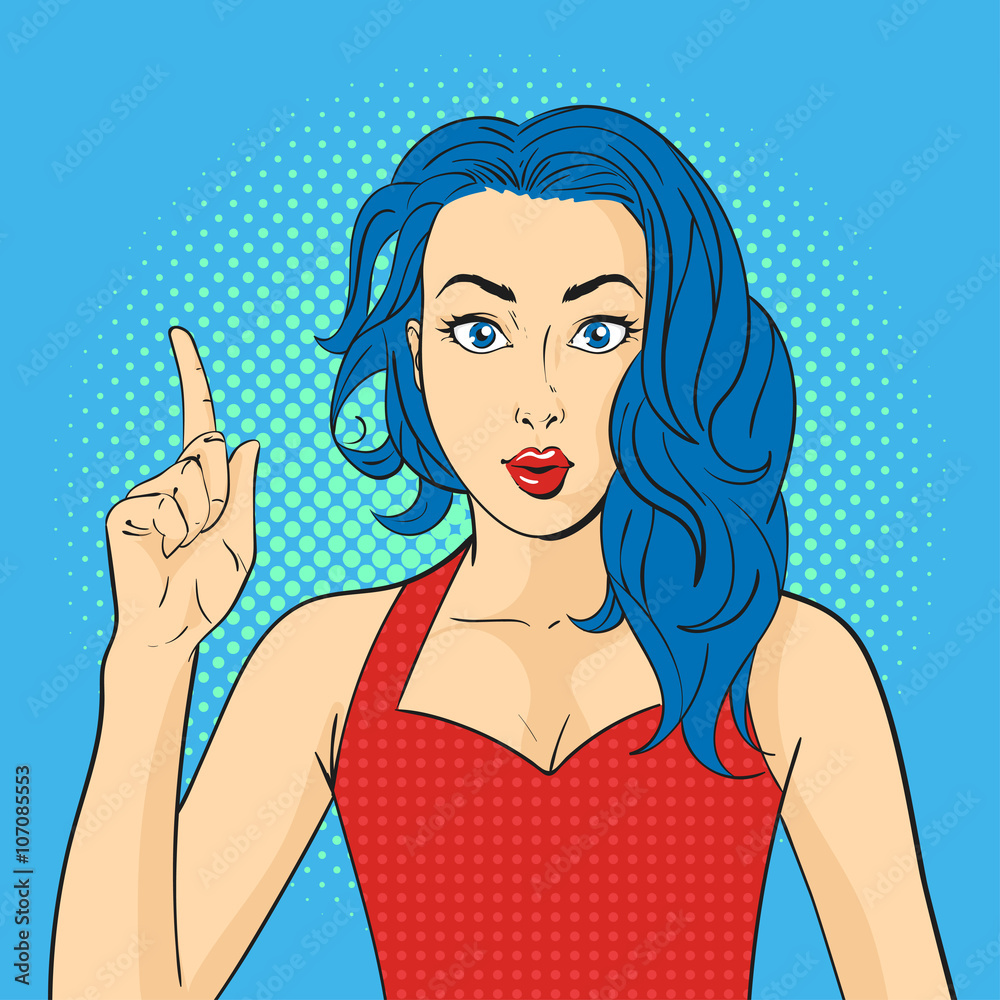 Vector pop art surprised woman face. Hand with finger pointing up Vector pop art surprised woman face. Hand with finger pointing up