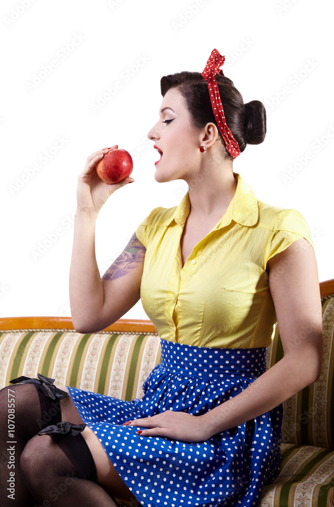 Sexy tattoed woman eating apple in Snow White costume Stock Photo | Adobe  Stock