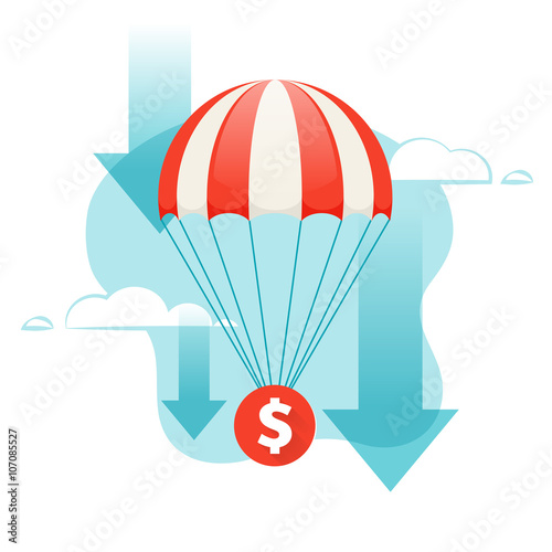 Dollar falling. Coin descends by parachute