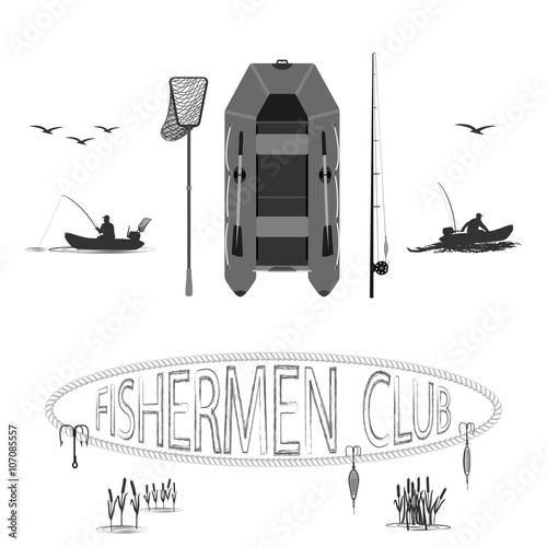 rubber boat. landing net and spinning near baubles, and hooks. vector illustration .