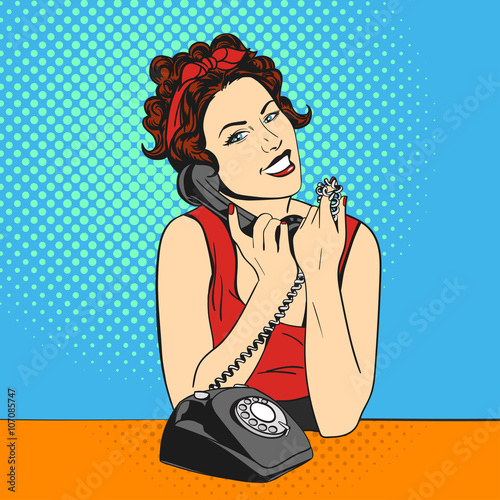 Vector illustration of pop art beautiful young woman with telephone