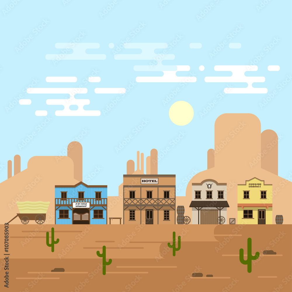 Vector Illustration Of An Old Western Town In A Daytime. Stock Vector 