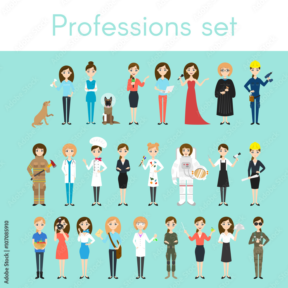 Vector set of different colorful woman professions. 