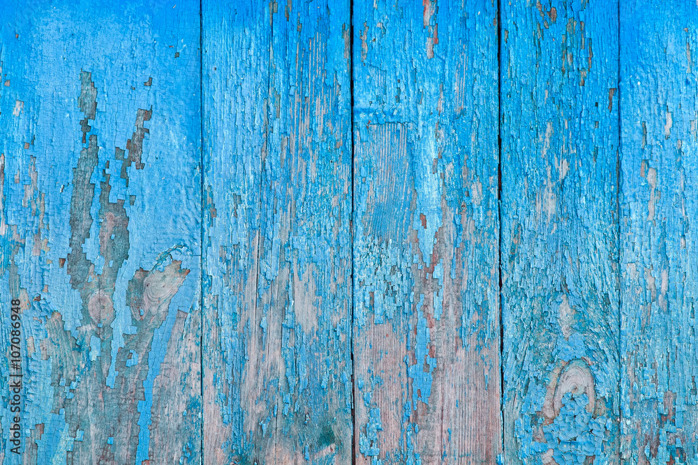 texture of old wooden surface with peeling blue paint