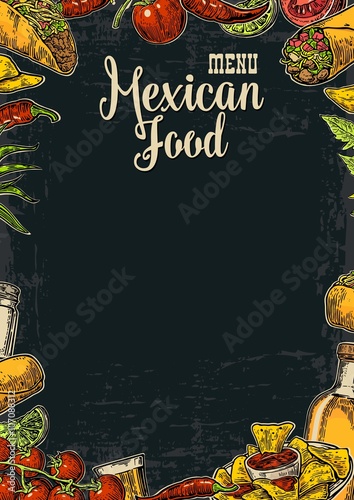 Mexican traditional food restaurant menu template with traditional spicy dish. burrito, tacos, chili, tomato, nachos, tequila, lime. Vector vintage engraved illustration Isolated on dark background