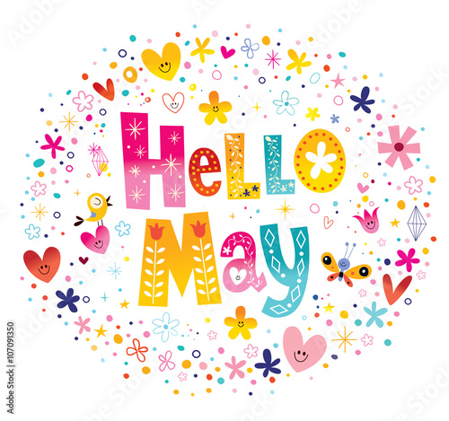 Hello May unique lettering with flowers and hearts spring design