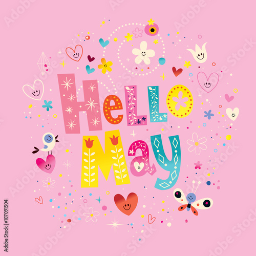Hello May unique lettering with flowers and hearts spring greeting card