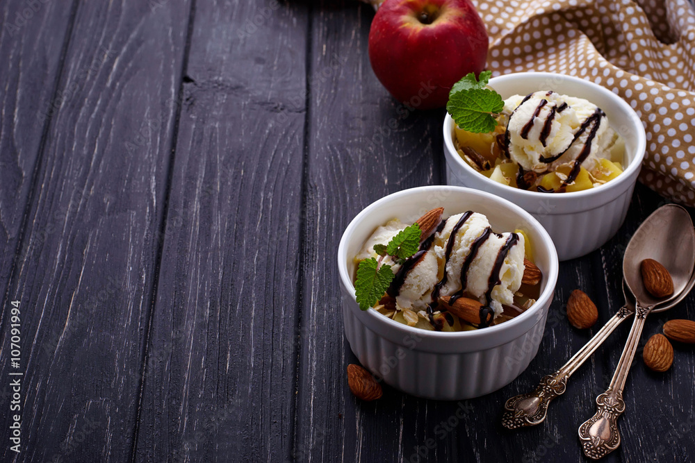 Dessert with apple and ice cream Dessert with apple and ice cream