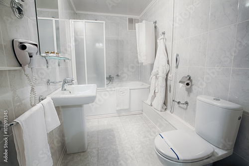 Interior of a modern hotel bathroom.