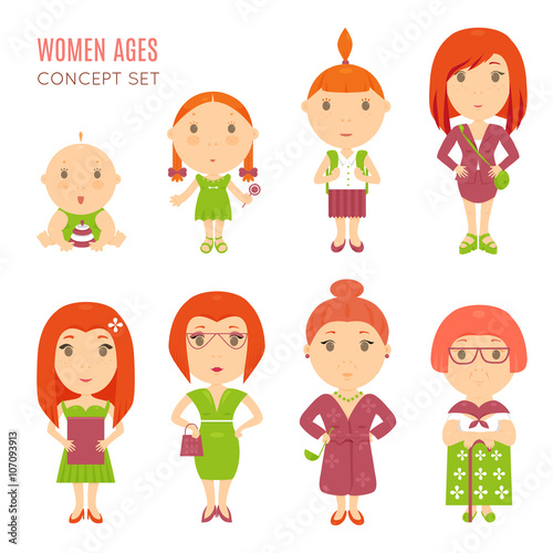 Set of cute pretty women age flat icons