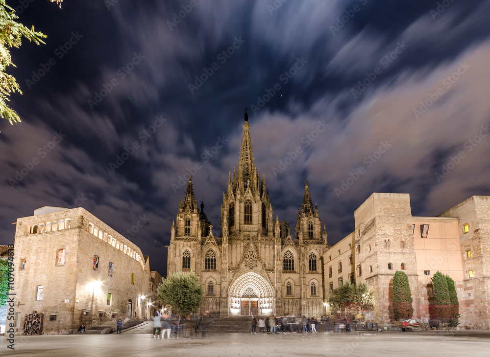 Barcelona Cathedral at night, Gothic Quarter (Barri Gotic) of the city, Catalonia, Spain.