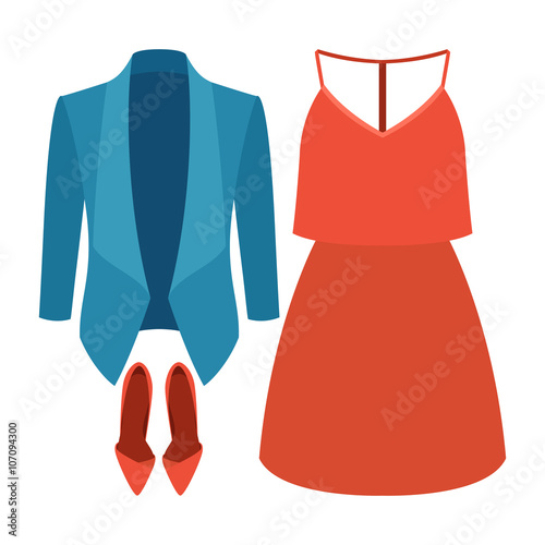 Set of trendy women's clothes with jacket, dress and accessories. Vector illustration